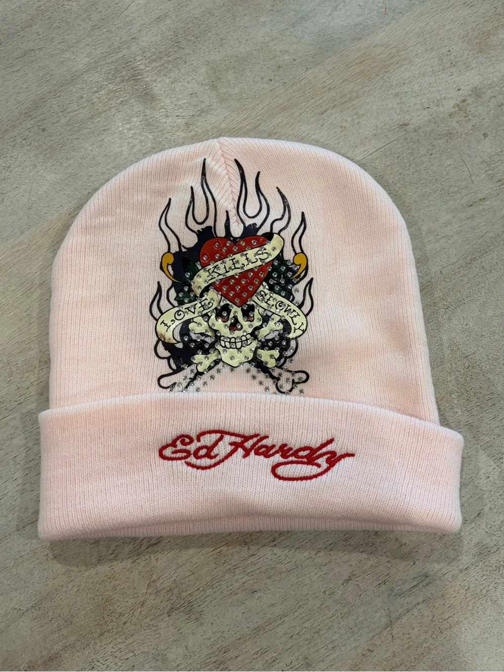 Vintage☠️♥️Authentic🔥Ed Hardy Baby Pink Adult Beanie Stocking Cap ☠️♥️